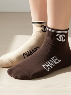 Designer Logo Ankle Socks Brown, Cream 2 pairs small-medium size New
